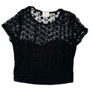 Black Flower Mesh Short Sleeve Crop Top Going Out Shirt Sweetheart Lace Small